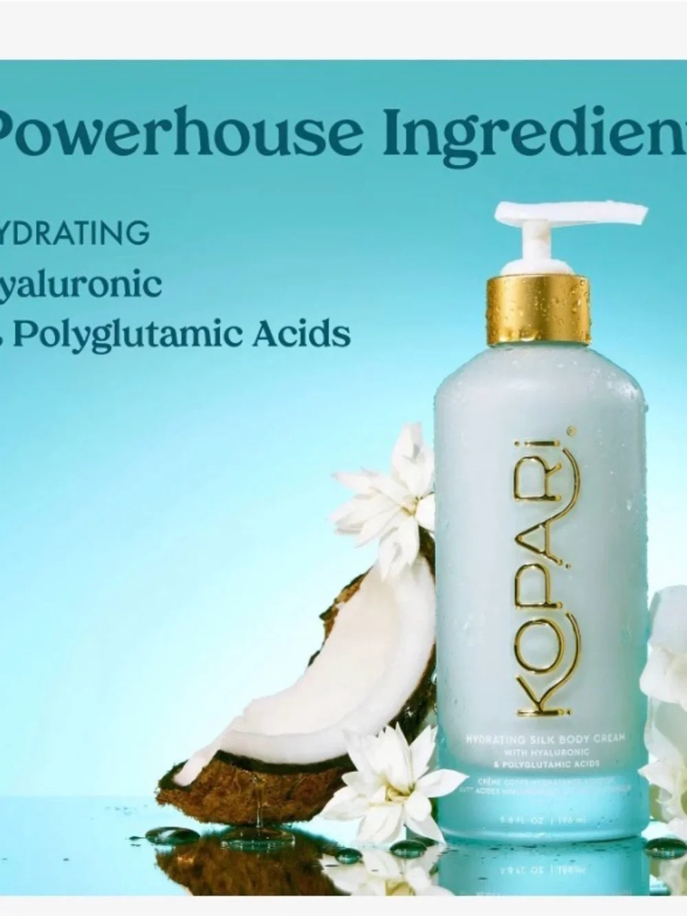 Kopari Hydrating Silk Body Cream — Aqua Bottle with Gold Accents